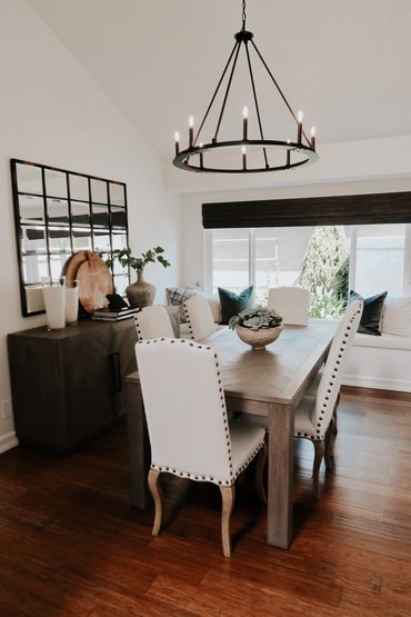 Restoration Hardware dining table and buffet table with gorgeous Pottery Barn dining chairs