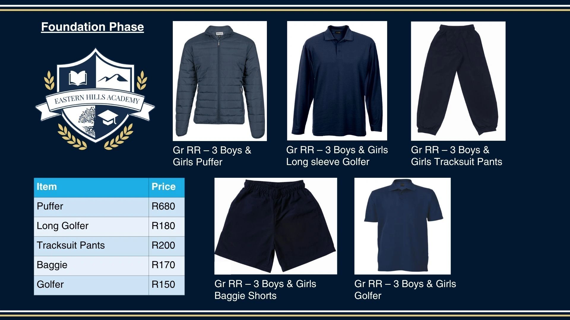School uniform items with prices for Foundation Phase at Eastern Hills Academy.