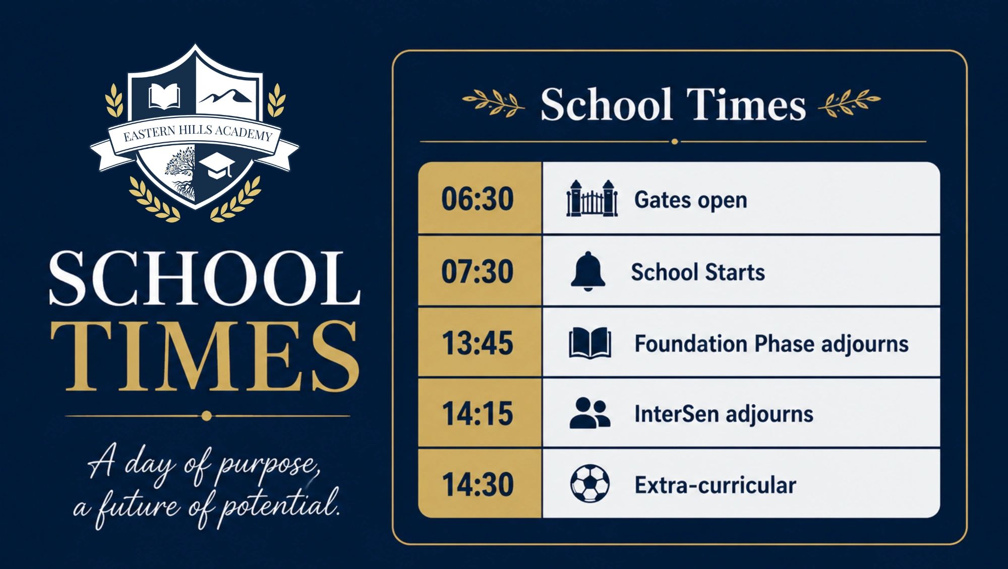 School times schedule for Eastern Hills Academy.