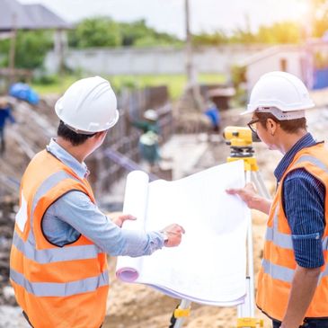 Two construction workers in safety gear reviewing blueprints at a site.