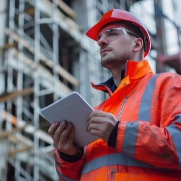 Construction worker in safety gear holding a tablet at a building site.