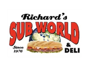 Logo for Richard's Sub World &amp; Deli with a sandwich and globe.
