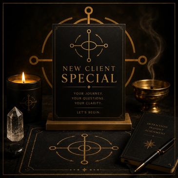 Mystical setup with a new client special sign, candle, crystal, and journal.