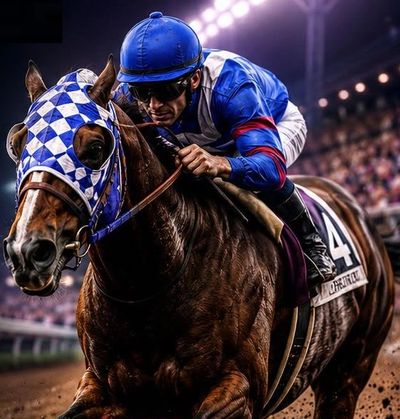 Jockey in blue racing a horse with a checkered mask under stadium lights.