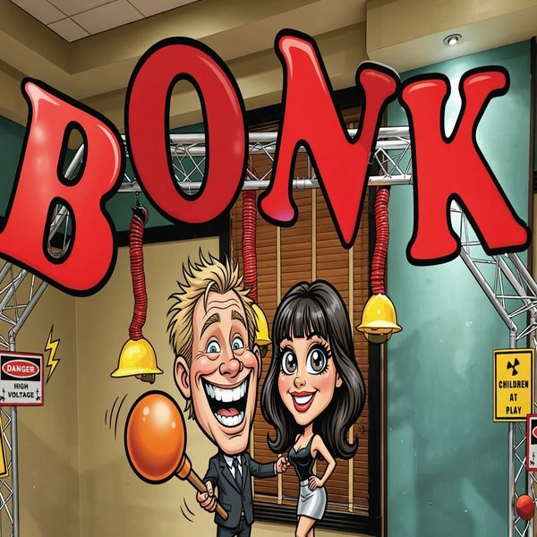 Cartoon couple playing a fun game under a big BONK sign with hanging helmets.