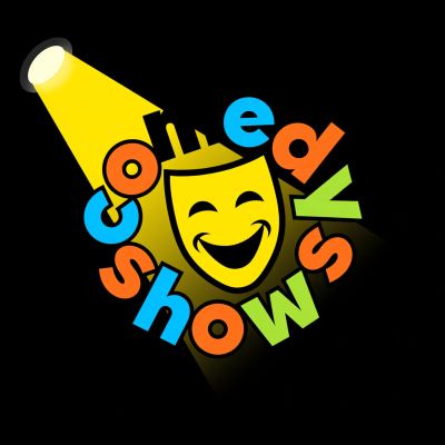 Colorful comedy show logo with a spotlight and a laughing mask.