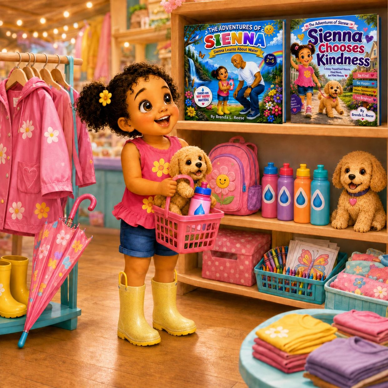 A happy little girl shopping with her toy dog in a colorful store.