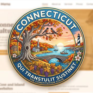 Connecticut state emblem with autumn scenery and the motto.