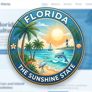 Florida seal with beach scene and wildlife.