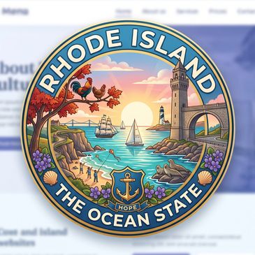 Rhode Island seal with ocean and lighthouse.