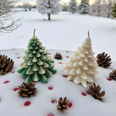 Two Christmas tree-shaped candles surrounded by pine cones and red berries on snow.