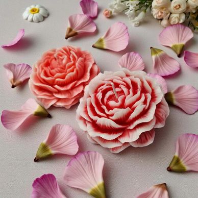 Two intricately carved rose candles surrounded by pink flower petals.