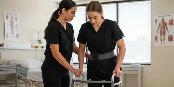 Two healthcare workers in black scrubs practicing walking with a walker in a clinical setting.