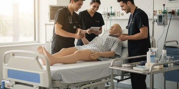 Medical students practicing on a hospital mannequin in a clinical setting.