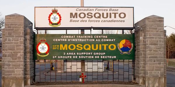 Entrance gate of Canadian Forces Base Mosquito with bilingual signage.