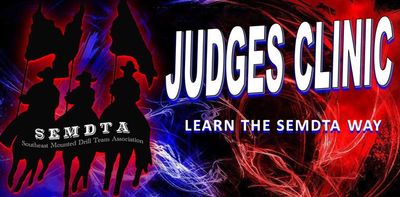 SEM/DTA Judges Clinic promotional banner with vibrant red and blue background.