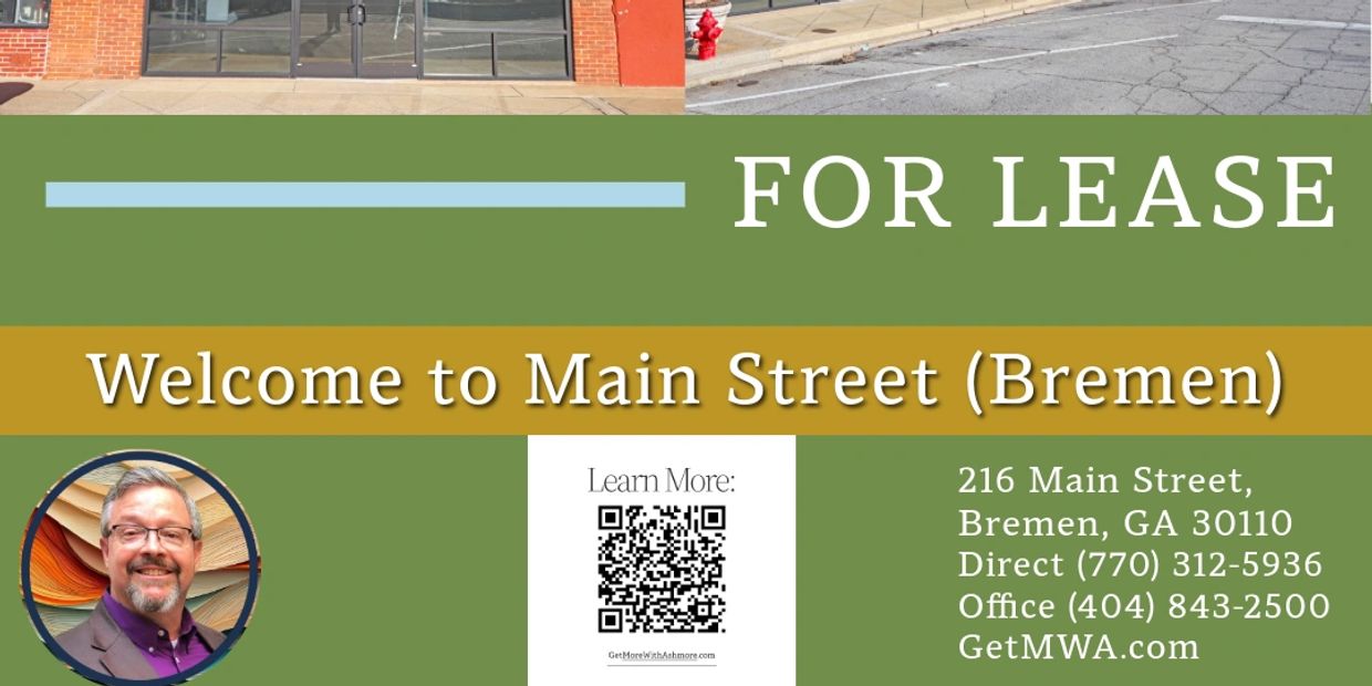 Commercial space for lease at 216 Main Street, Bremen, GA, with contact details and QR code.