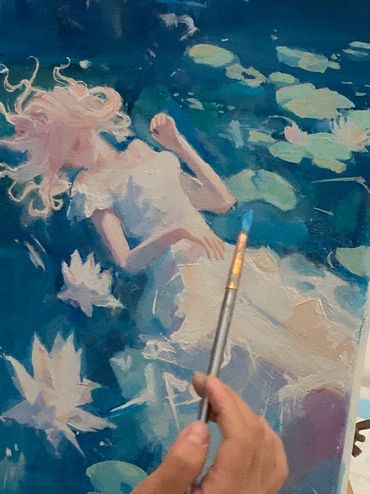 oil painting of a woman in a pond from a teens painting class near me, oil painting classes in OC