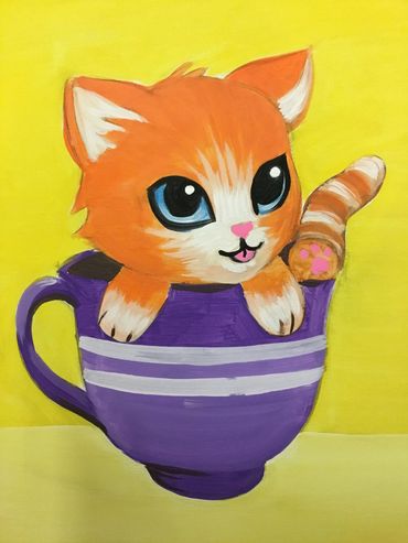 acrylic painting of a cat in a mug from a kids painting class in Irvine, kids art classes near me