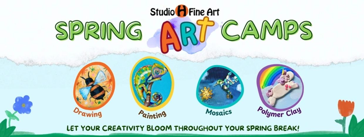 Colorful spring art camps offering drawing, painting, mosaics, and polymer clay activities.