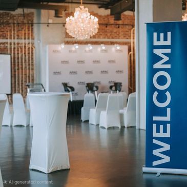 Elegant event space with white-covered chairs and a blue welcome banner.