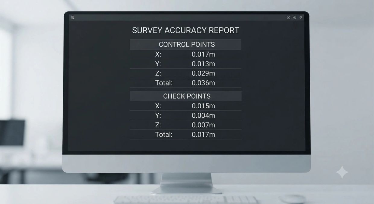Survey accuracy report displayed on a computer screen.