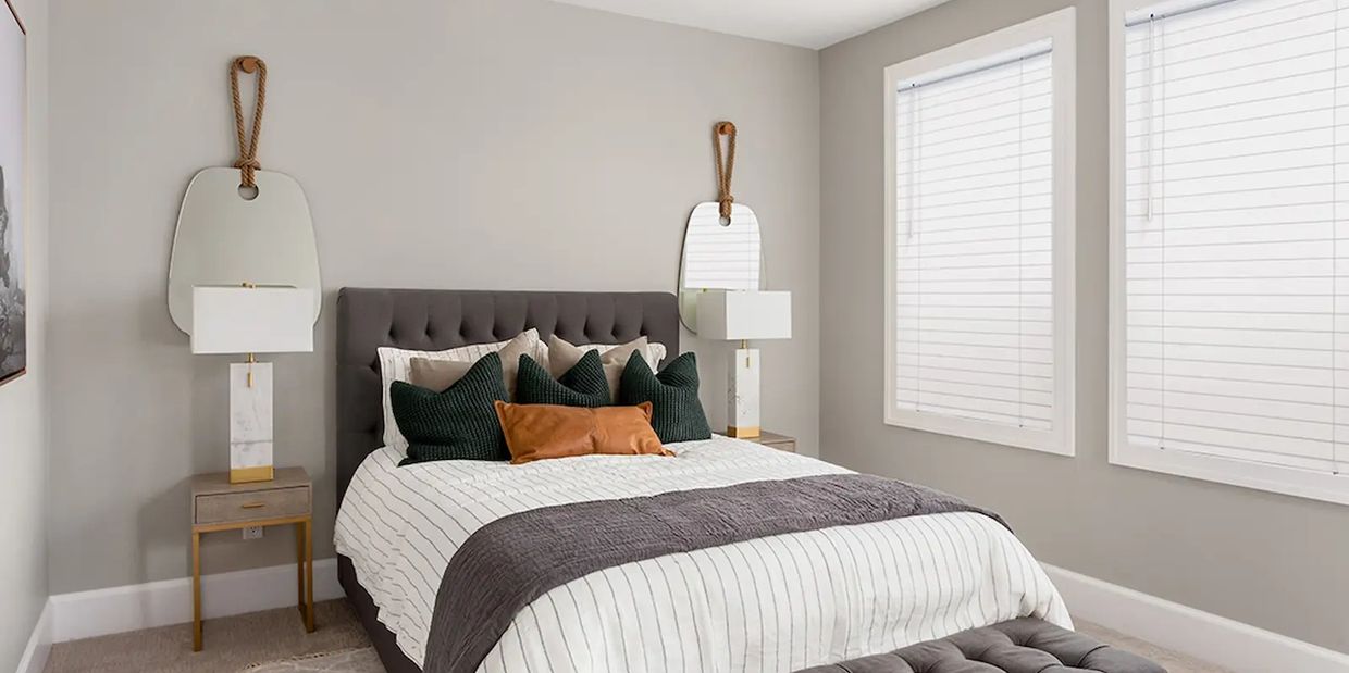 Norman Ultimate Faux wood blinds in bedroom, tight closure, Discovery Bay | True Window Solutions