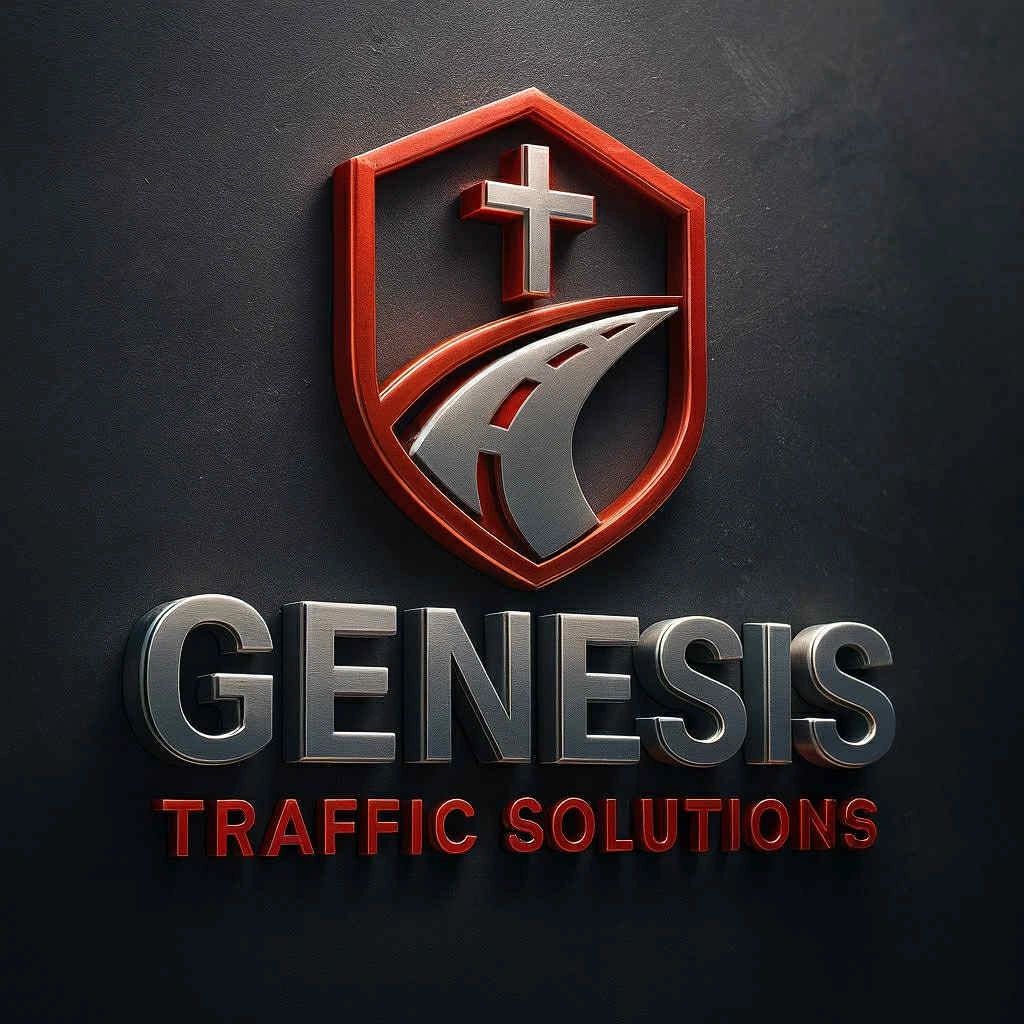 Genesis Traffic Solutions logo with a road and cross symbol inside a shield.