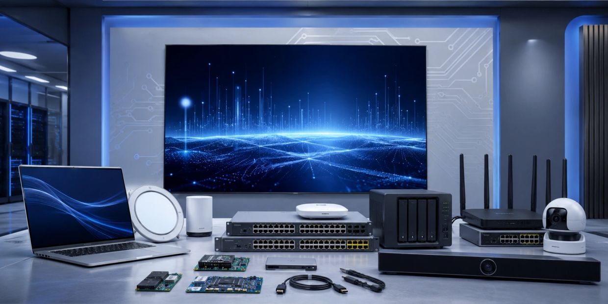 Tech devices and networking equipment on a table with a digital screen.