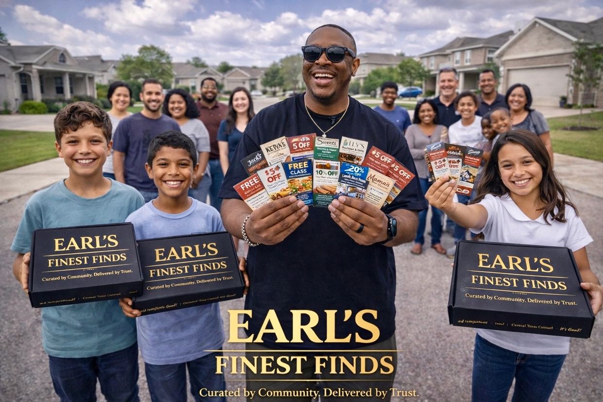 A diverse group holds Earl's Finest Finds boxes and coupons, smiling in a neighborhood.