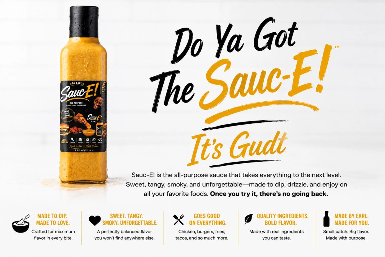 Sauc-E all-purpose sauce bottle with bold flavor and versatility.