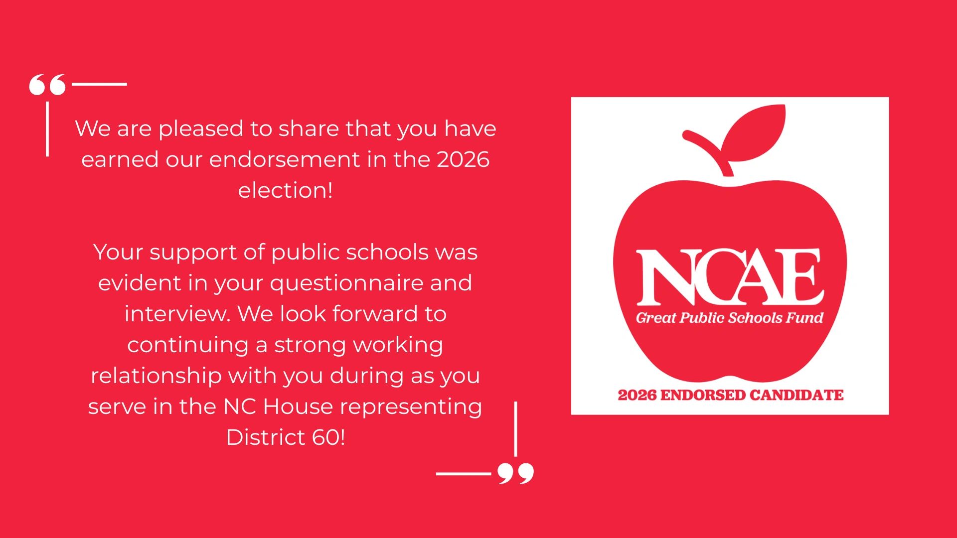 NCAE endorses a candidate for the 2026 NC House District 60 election.