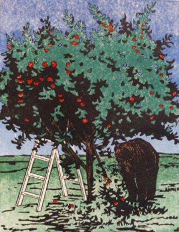 bear night apple tree woodblock print grant smith studio art work