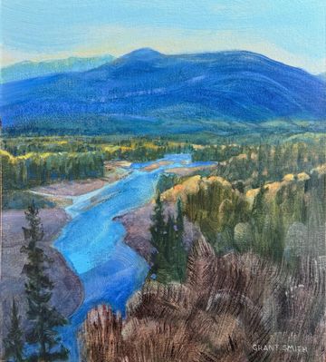 st mary river purcell mountains larch trees oil painting grant smith studio kimberley bc
