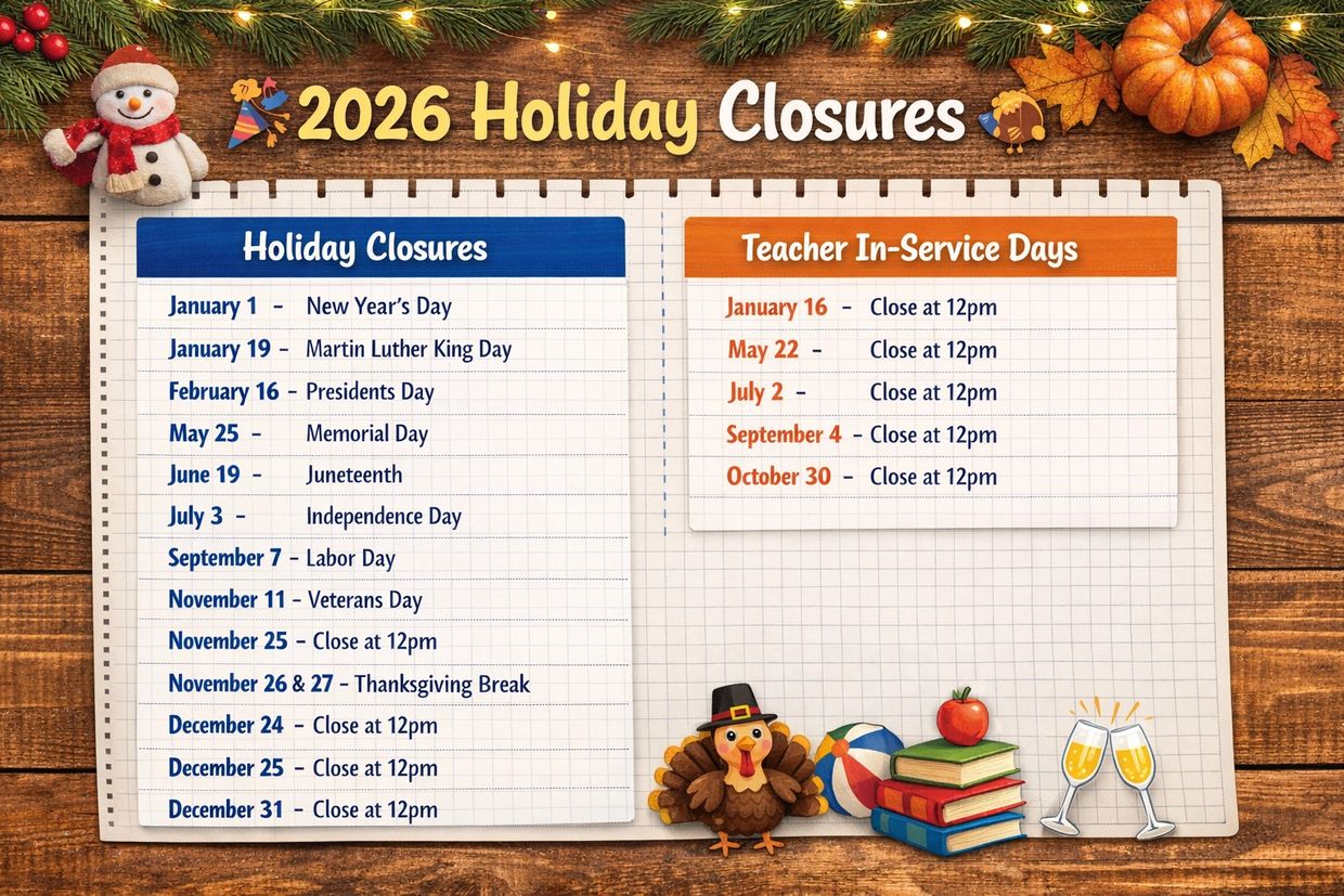 2026 holiday closures and teacher in-service days with festive decorations.