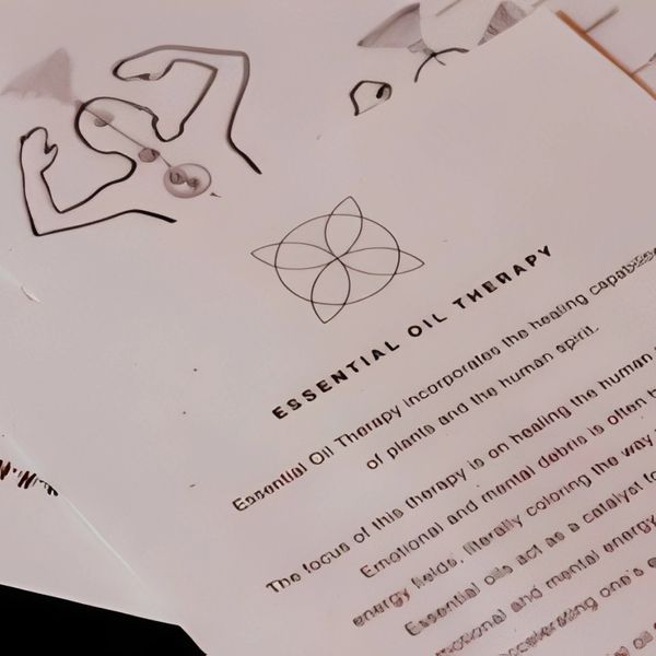 A line drawing illustration of a person's head with a bottle of essential oil next to it.