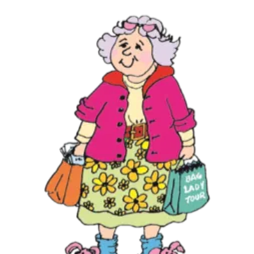 Cartoon elderly woman with shopping bags.