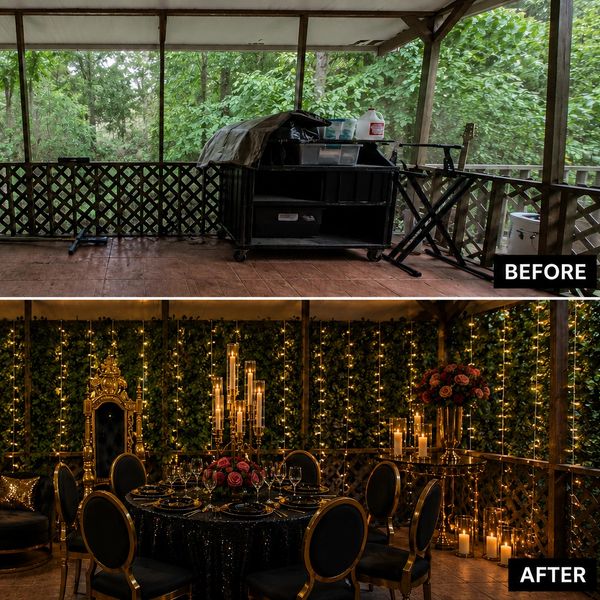 Patio transformed from plain to elegant dining with lights and floral decor.