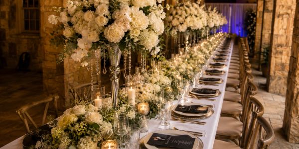 Elegant long dining table with white floral centerpieces and candles.