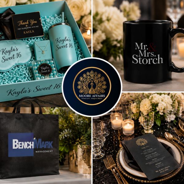 Custom event branding with personalized gifts, elegant table settings, and company logos.