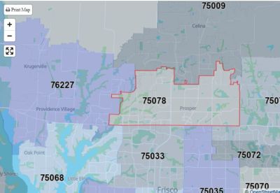 Map showing ZIP codes in a region including 75078 and surrounding areas.