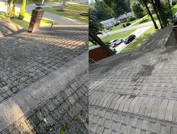 Side-by-side comparison of a roof before and after cleaning.