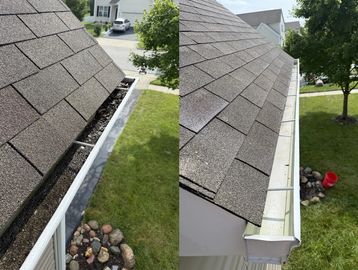 Before and after photos of a cleaned roof gutter.