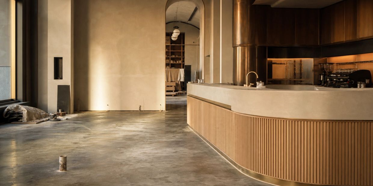 Modern cafe interior with wooden and brass elements.