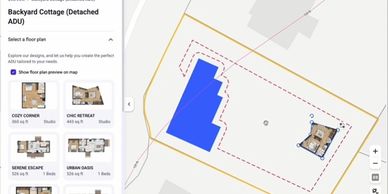 Map showing backyard cottage floor plan options at 124 Wayne Road, Newton, MA.