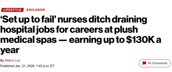 Headline about nurses leaving hospital jobs for better-paying spa careers.