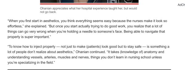 Text about hospital experience and aesthetics injection challenges.