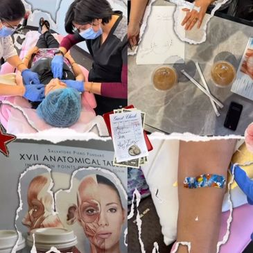 Training session on facial anatomy and injections with medical professionals practicing on a model.