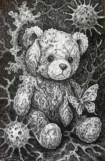 Intricate black-and-white drawing of a textured teddy bear surrounded by organic shapes and a butterfly.