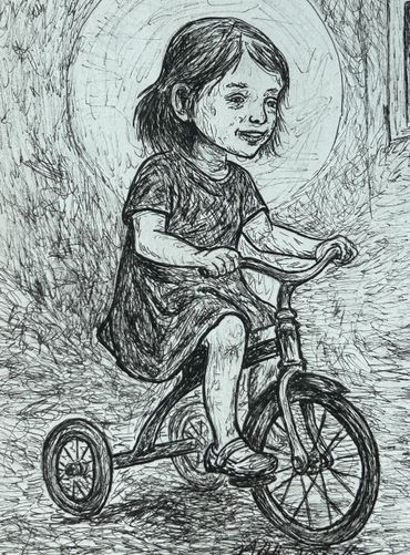 Black and white sketch of a girl riding a tricycle with a joyful expression.